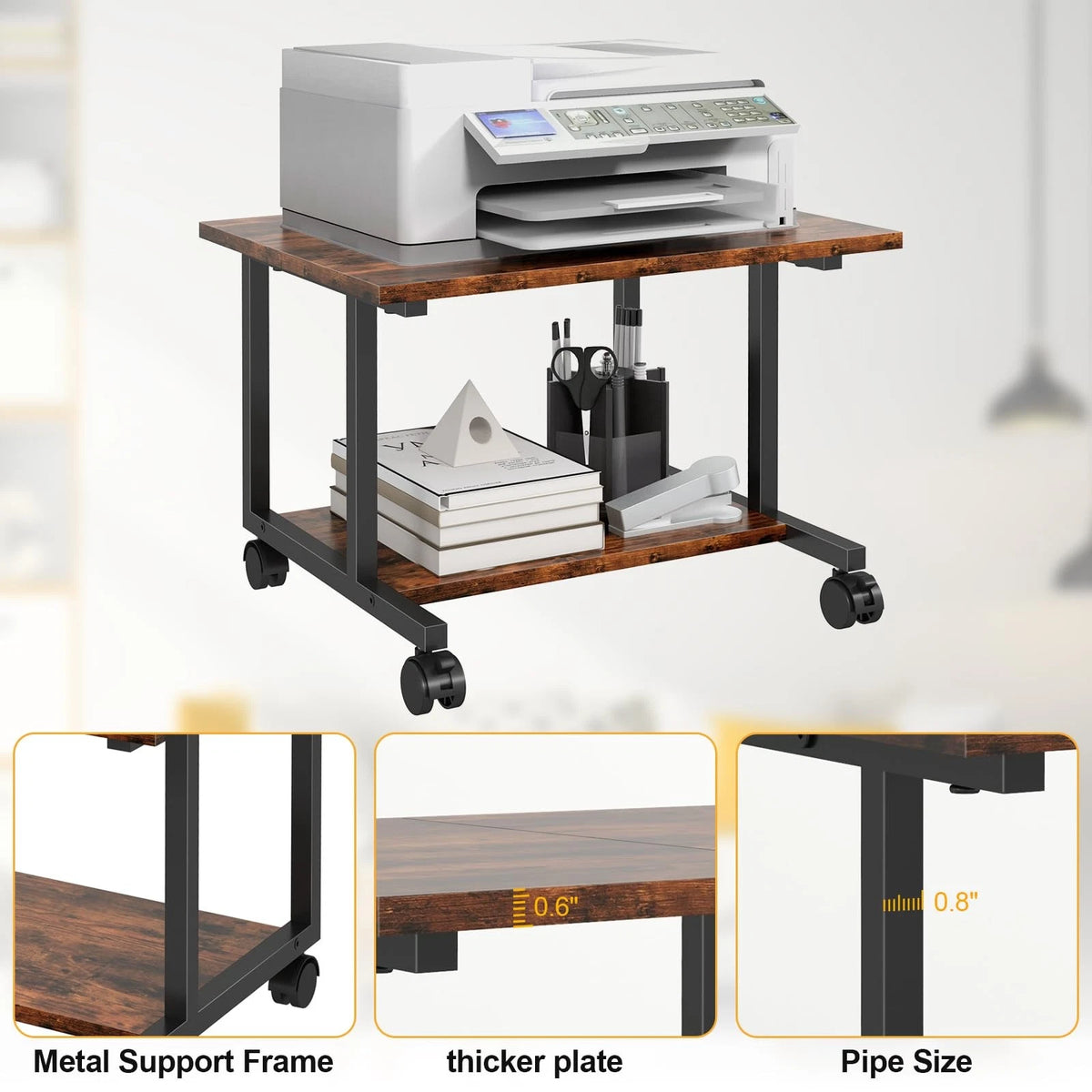 2-Tier Mobile Rolling Printer Stand for Under Desk