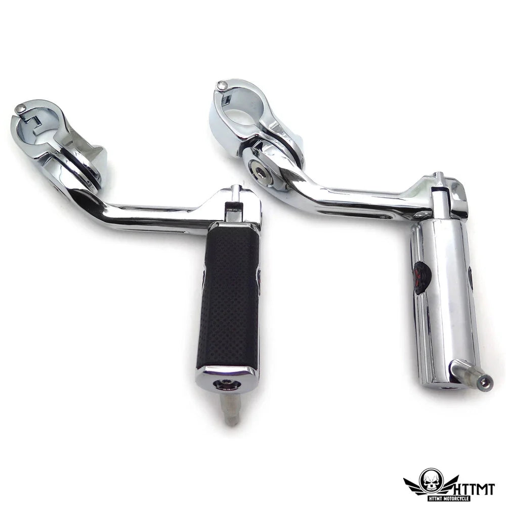 1-1/4" Chrome Clamp Engine Guard with 5" Angled Skull Foot Pegs for Harley