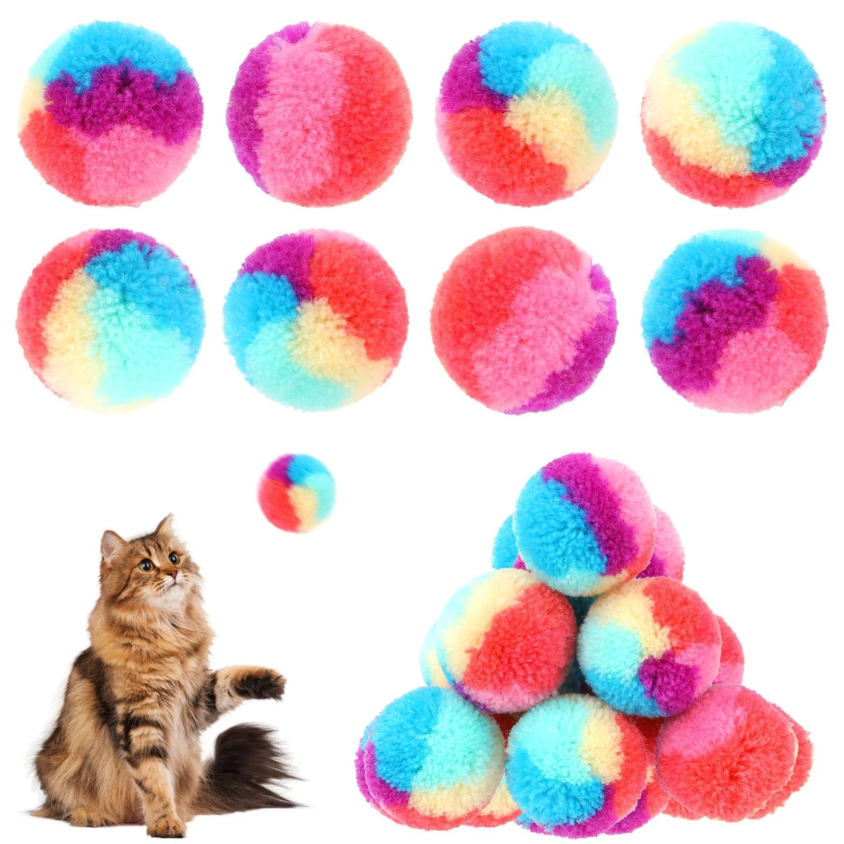 30X Soft Plush Cat Balls for Cats (1.2-inch Rainbow Toy)
