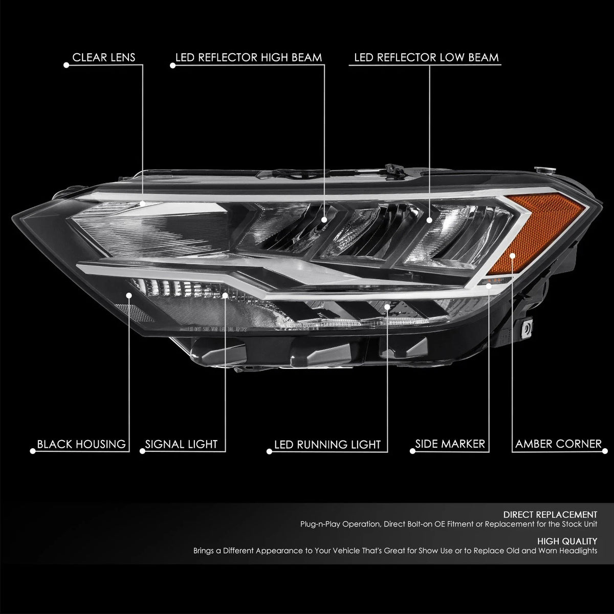 Left Side Headlight for Volkswagen Jetta (2019–2023) - Black Housing, Amber Corner