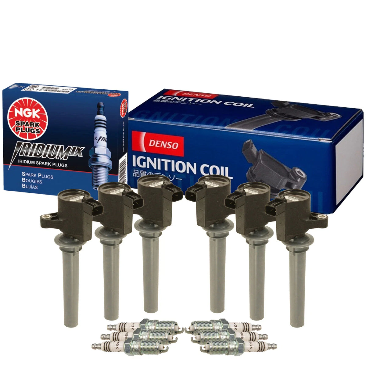 Set of 6 Ignition Coils & Spark Plugs for Ford Mazda V6 (Denso, NGK)