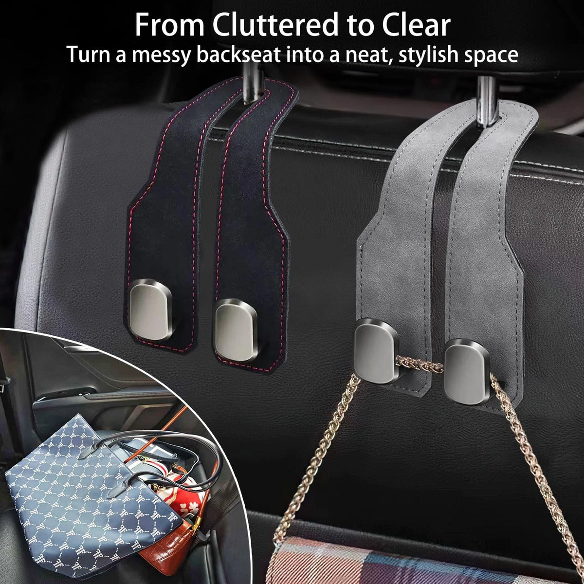 2Pcs Car Headrest Hooks for Universal Fit - Stylish Black Leather