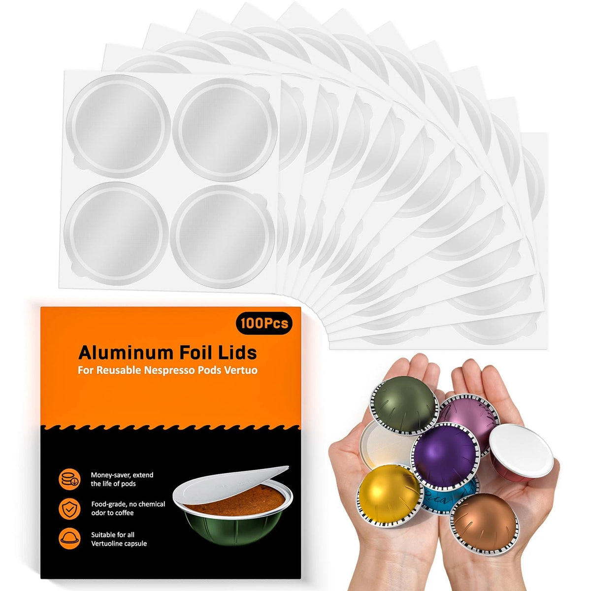 100 PCS Aluminum Foil Lids for Reusable Nespresso Vertuo Pods