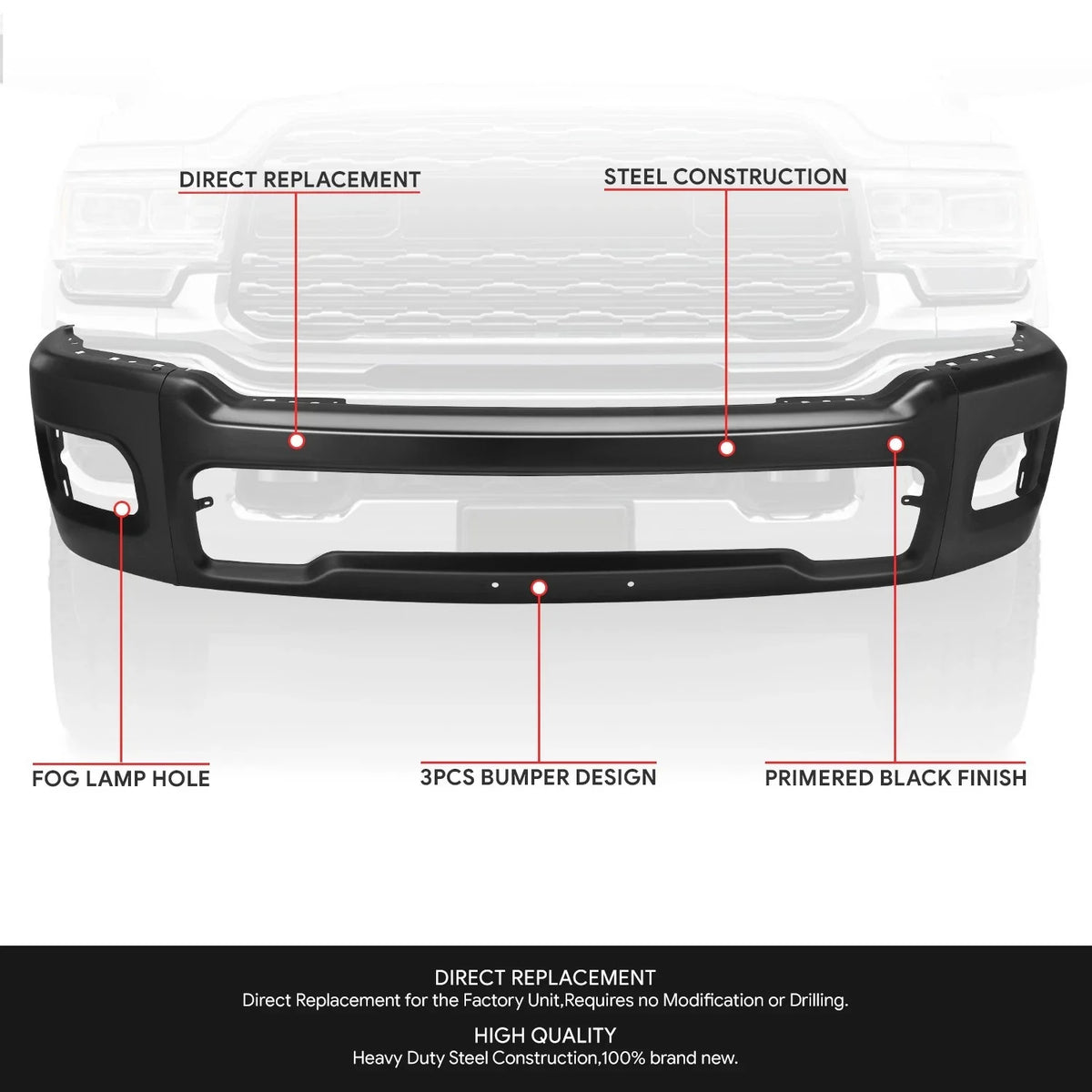 Front Bumper Face Bar for Ram 2500 3500 (2019–2026) Black w/o Sensor Holes