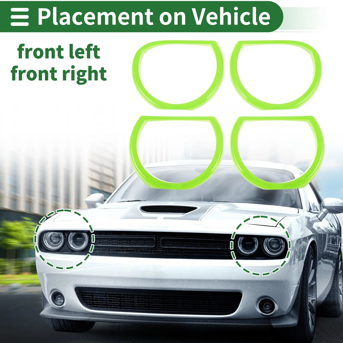Set of 4 Headlight Trim Bezels for Dodge Challenger (2015–2024) ABS Light Green