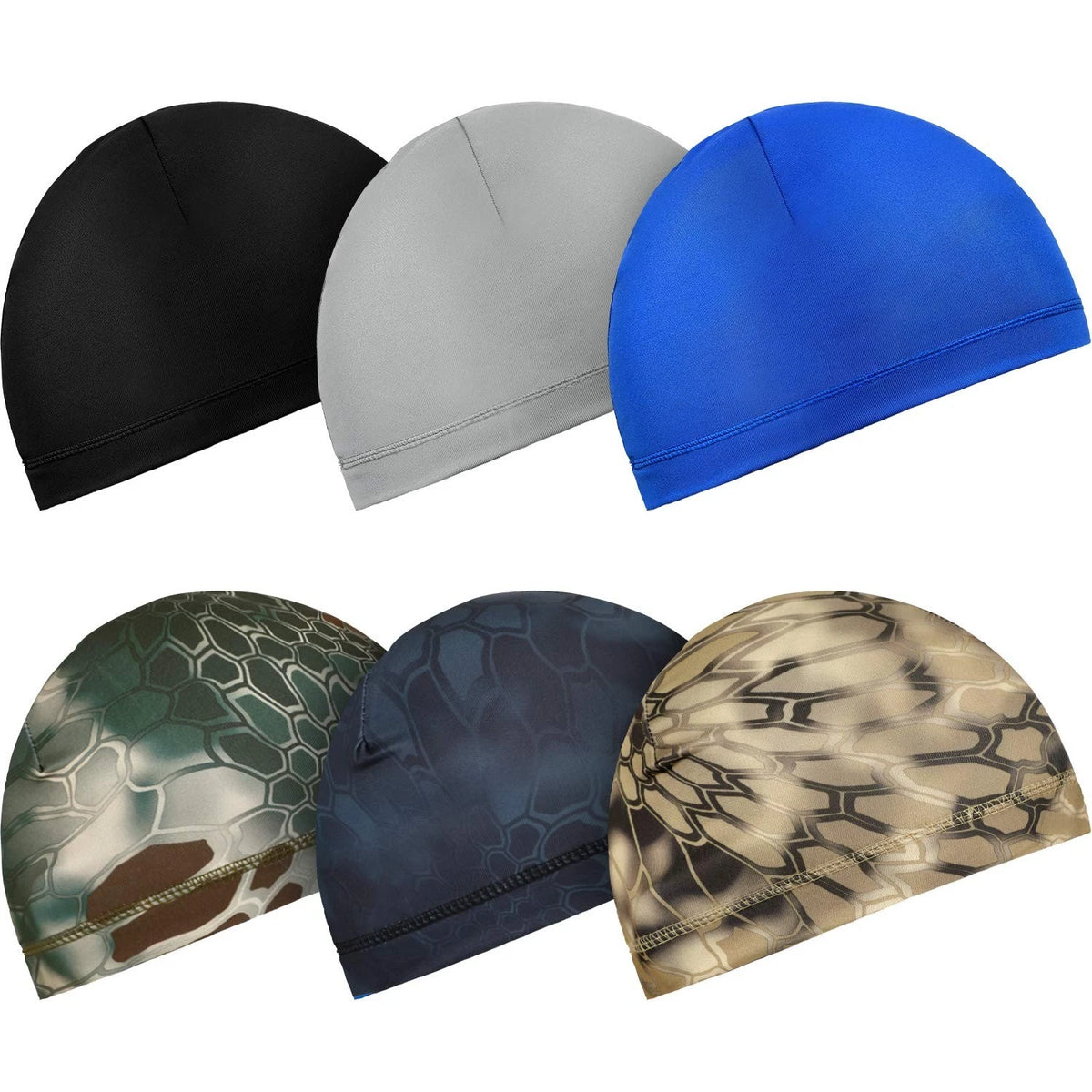 Set of 6 Cooling Skull Caps for Various Sizes (Black, Grey, Dark Blue, Camouflage)