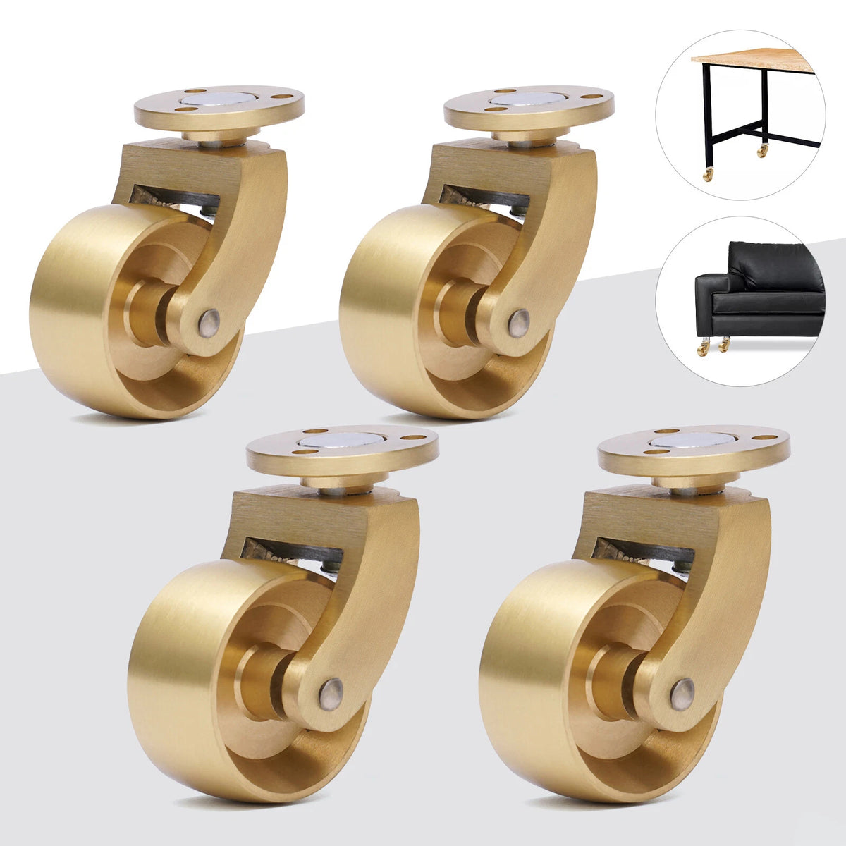 Set of 4 Caster Wheels 1.38in Swivel Plate Heavy Duty Brass Gold