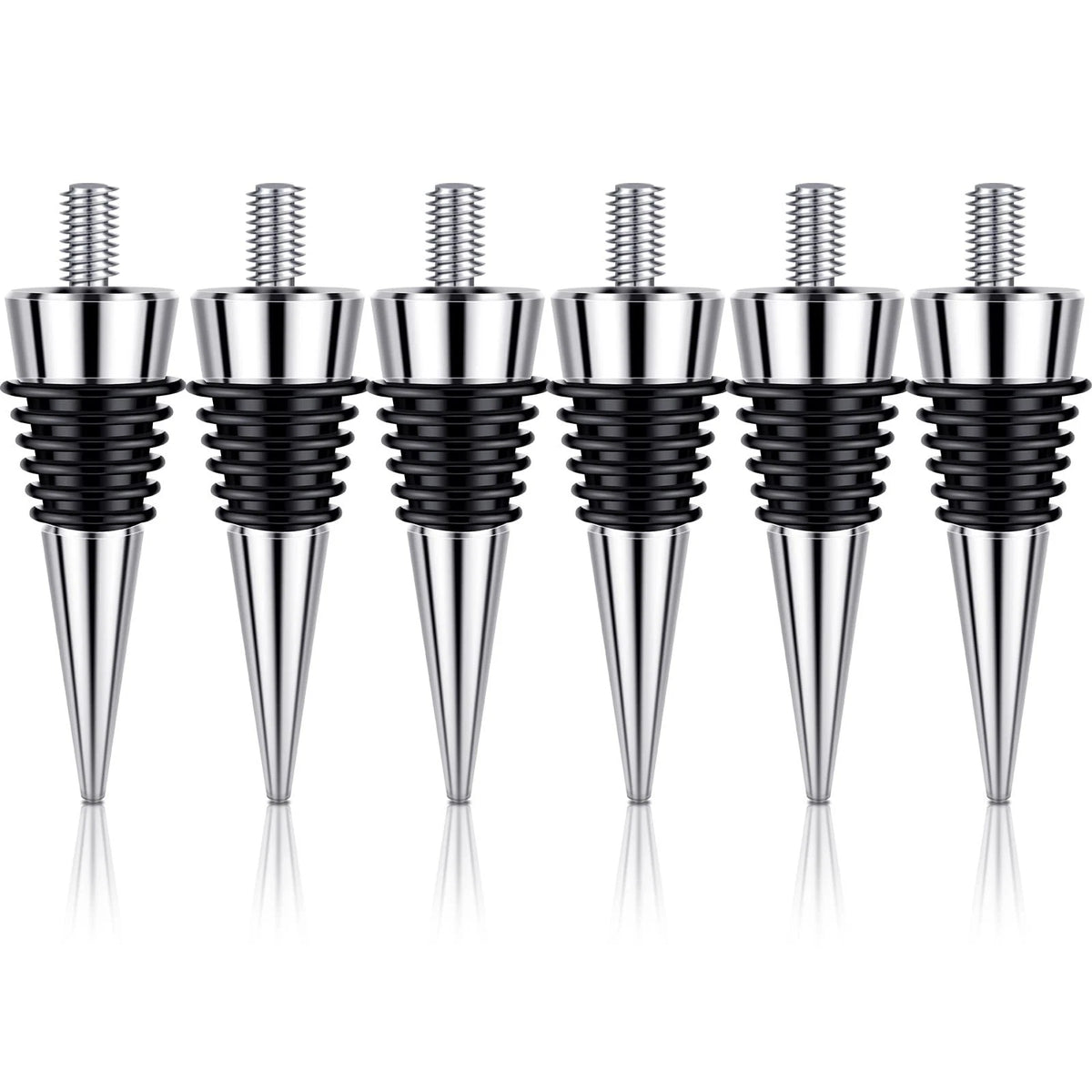 Set of 6 Metal Bottle Stoppers 16 x 3/8 Thread Size, Silver/Black