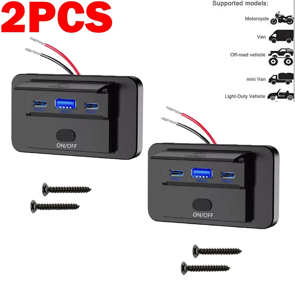 2X Dual USB PD + QC3.0 Car Fast Charger Socket Power Outlet Panel 12-24V