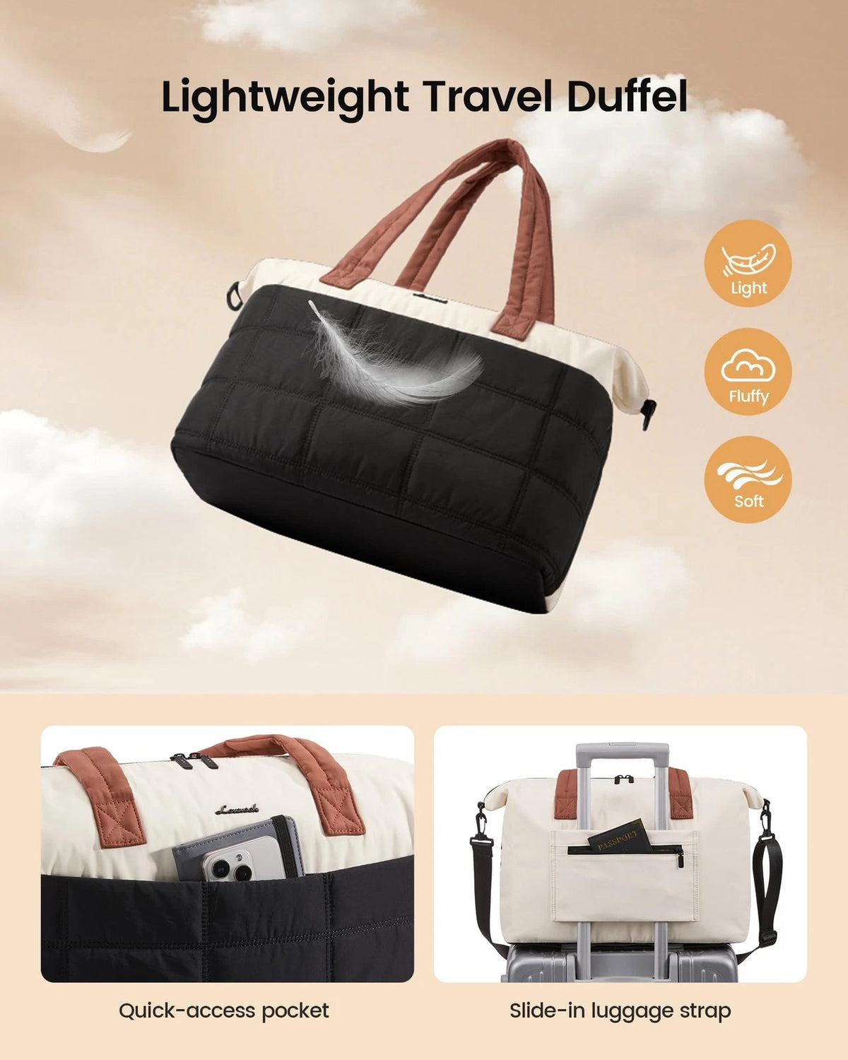 Gym Bag for Women & Men - L-Size, Beige/Black/Brown