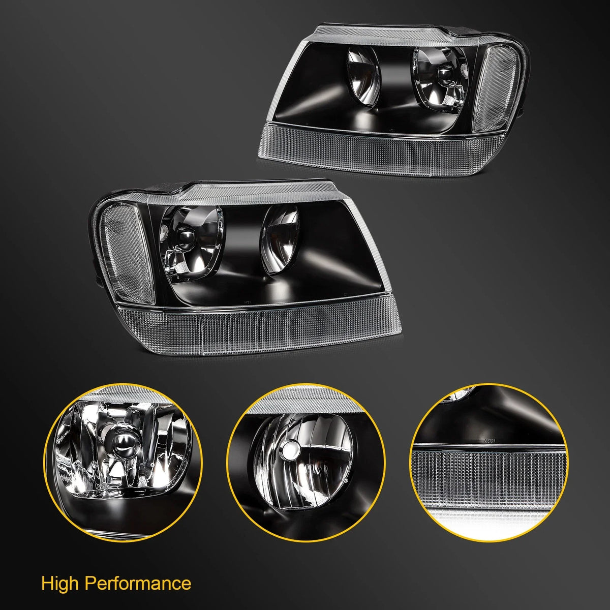 Set of 2 Black Housing Headlight Assemblies for Jeep Grand Cherokee (1999–2004)