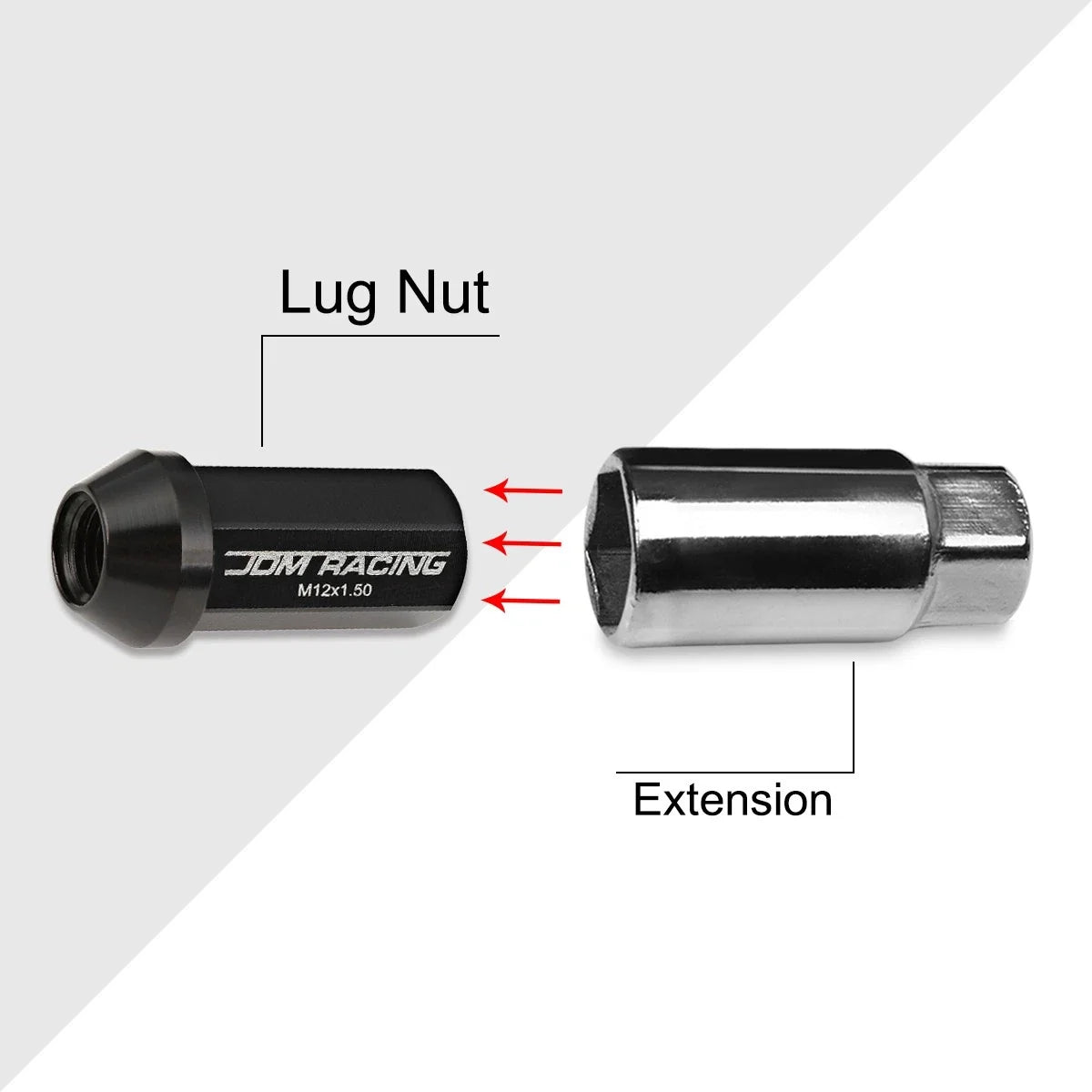 20Pc M12X1.5 Black JDM Closed End Aluminum Wheel Lug Nuts + Extension 25mmx50mm