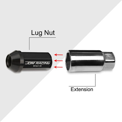 20Pc M12X1.5 Black JDM Closed End Aluminum Wheel Lug Nuts + Extension 25mmx50mm