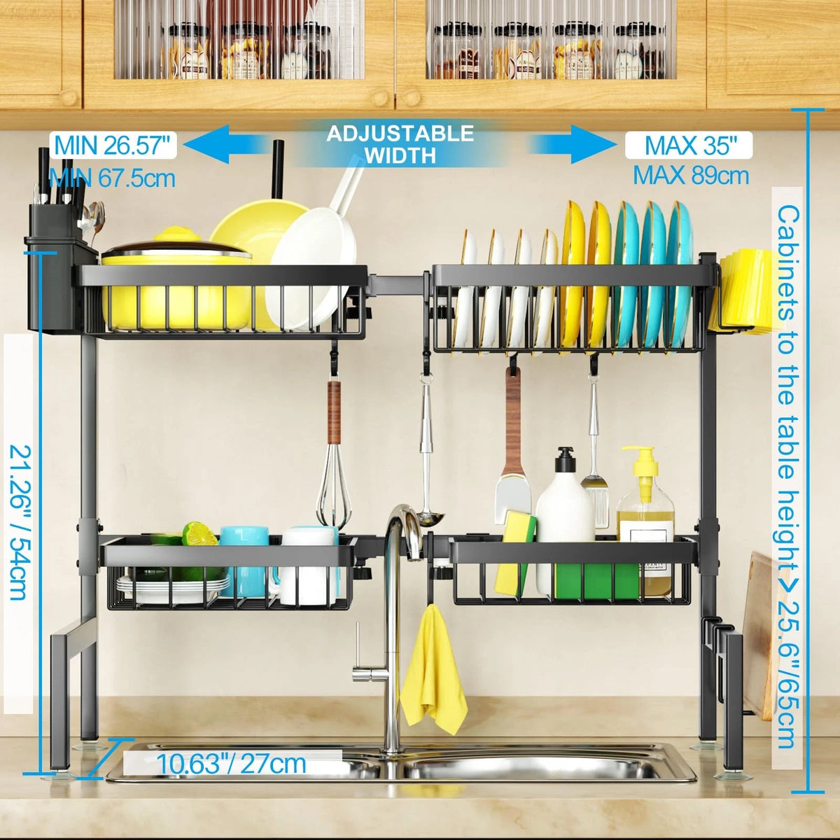 2-Tier Over The Sink Dish Rack with 4 Baskets - Black