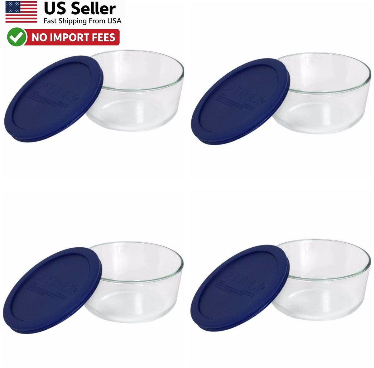 Set of 4 Pyrex 4 Cup Round Glass Storage Containers with Blue Lids