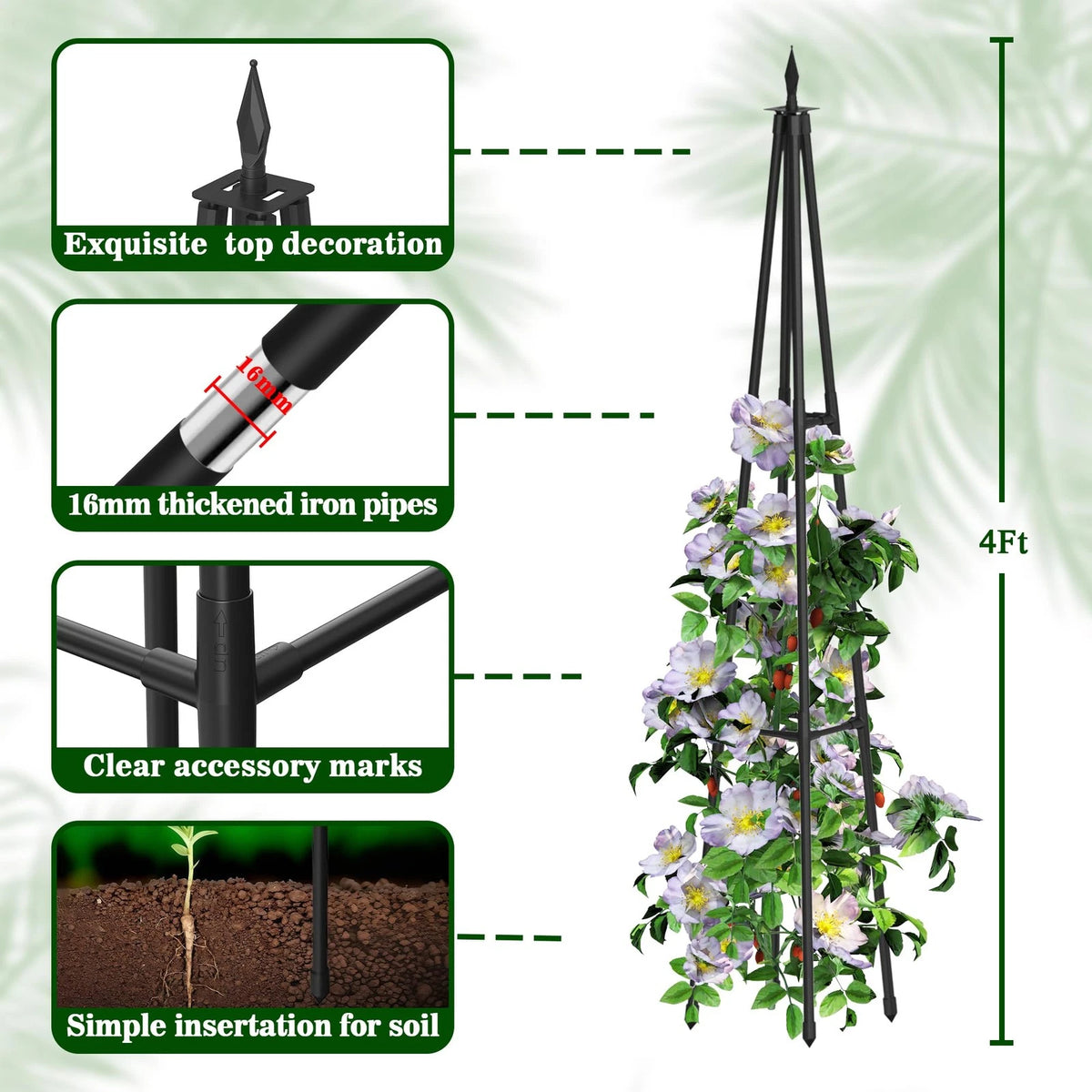 4FT Obelisk Trellis for Climbing Plants Outdoor, Black