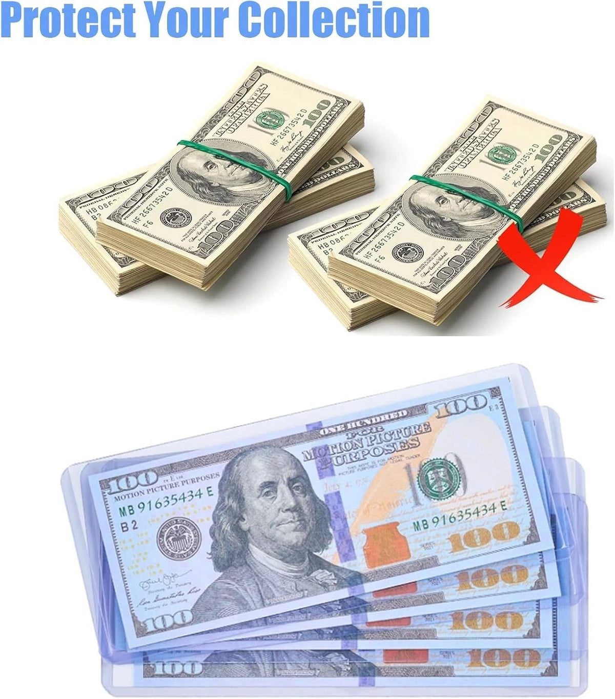 16 Pack Dollar Bill Sleeves for Banknotes (6.8" x 2.9")