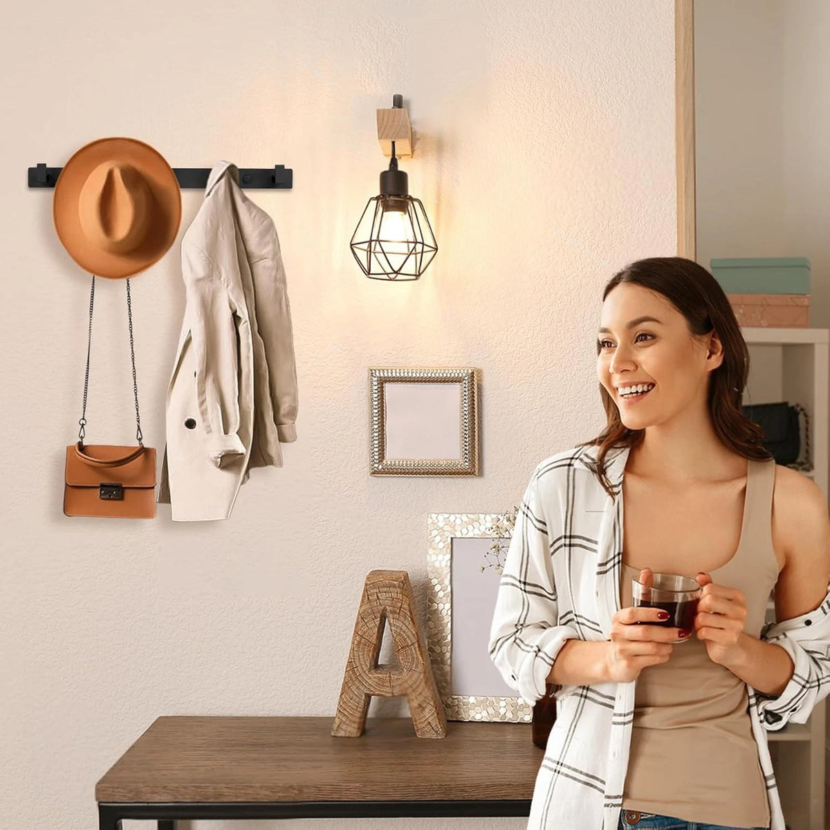 Metal Coat Rack Wall Mount with 5 Hooks, Heavy Duty, Black (1 Pcs)
