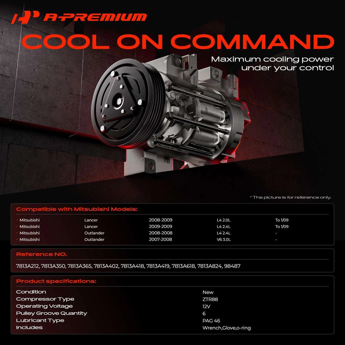 A/C Compressor with Clutch for Mitsubishi Lancer Outlander (2007–2008) 7813A419, 7813A618, 7813A824, 7813A212, 98487