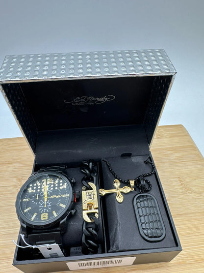 Matte Black Metal Bracelet Watch for Ed Hardy Men's 50mm Gift Set