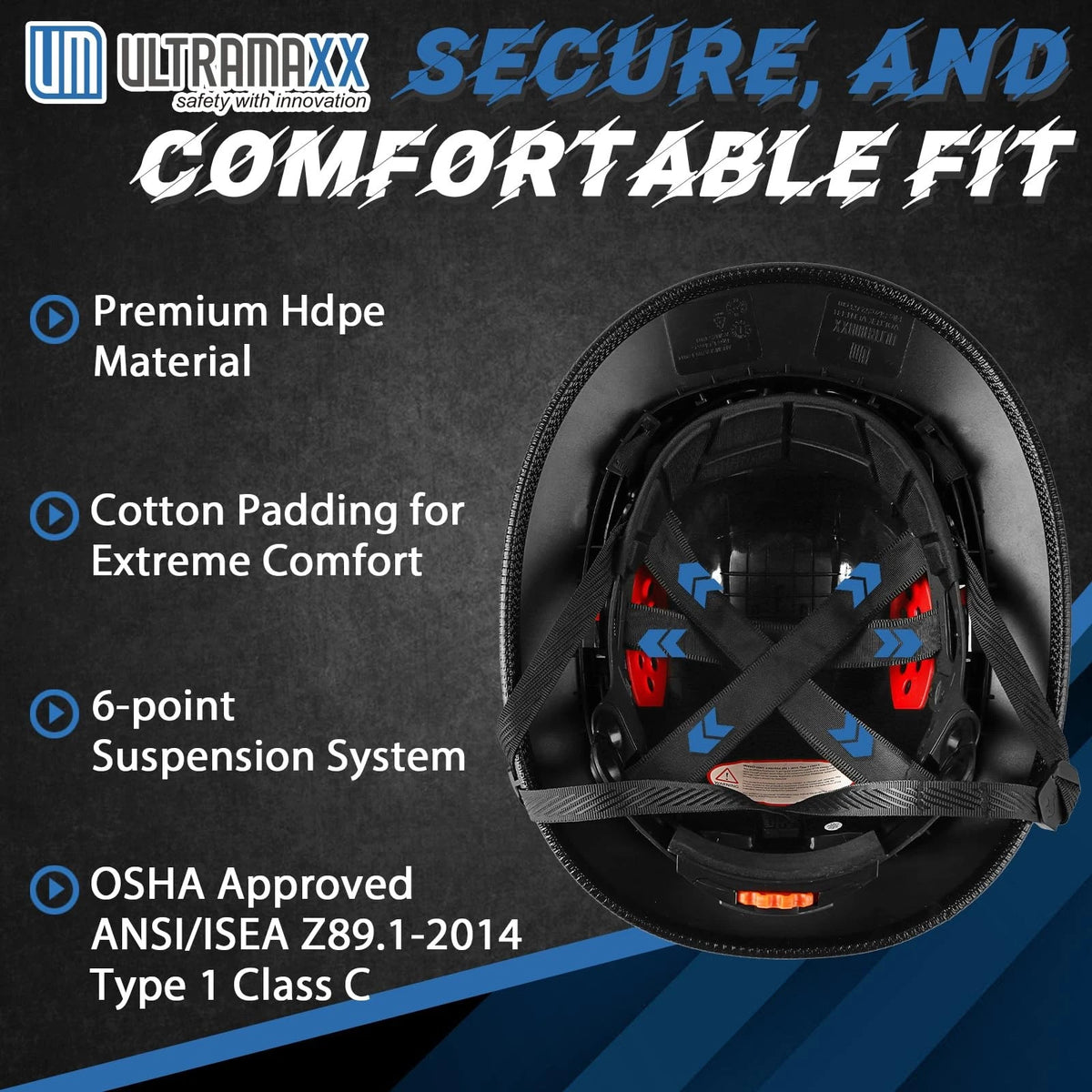 UM Ultramaxx Full Brim Hard Hat M/L Adjustable Matte Black Helmet
