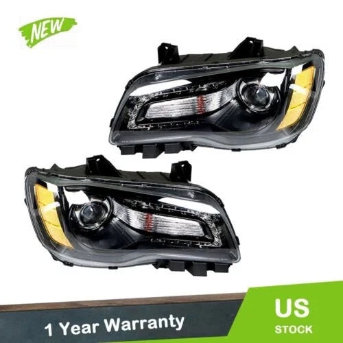 Set of 2 Front Black Headlight Assemblies for Chrysler 300 (2011–2014)