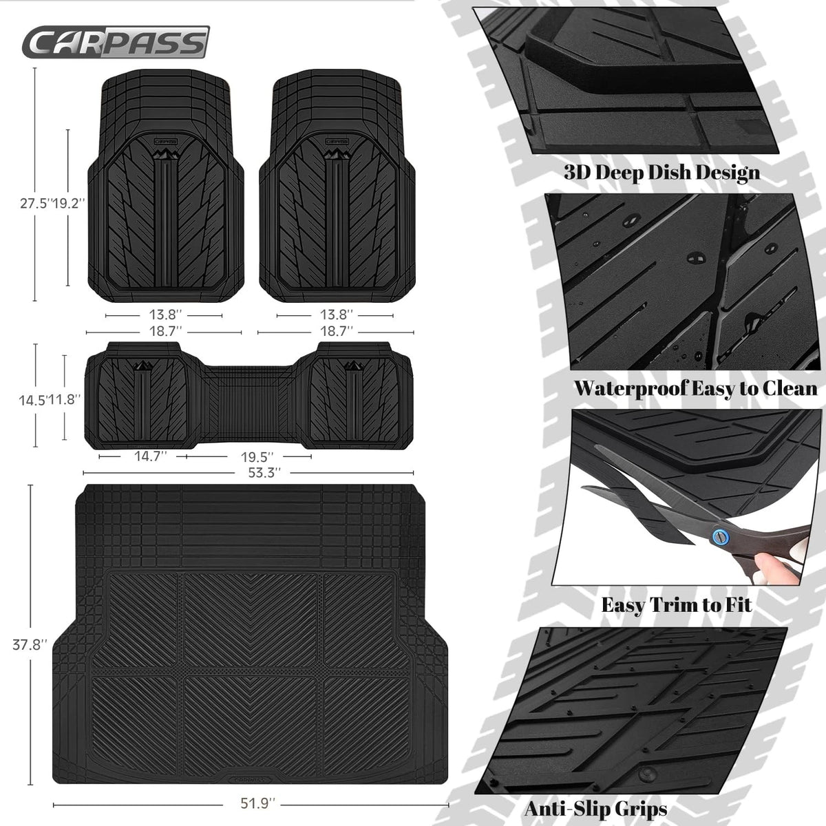 Set of 4 Heavy Duty Rubber Floor Mats for Automotive (TrimtoFit)