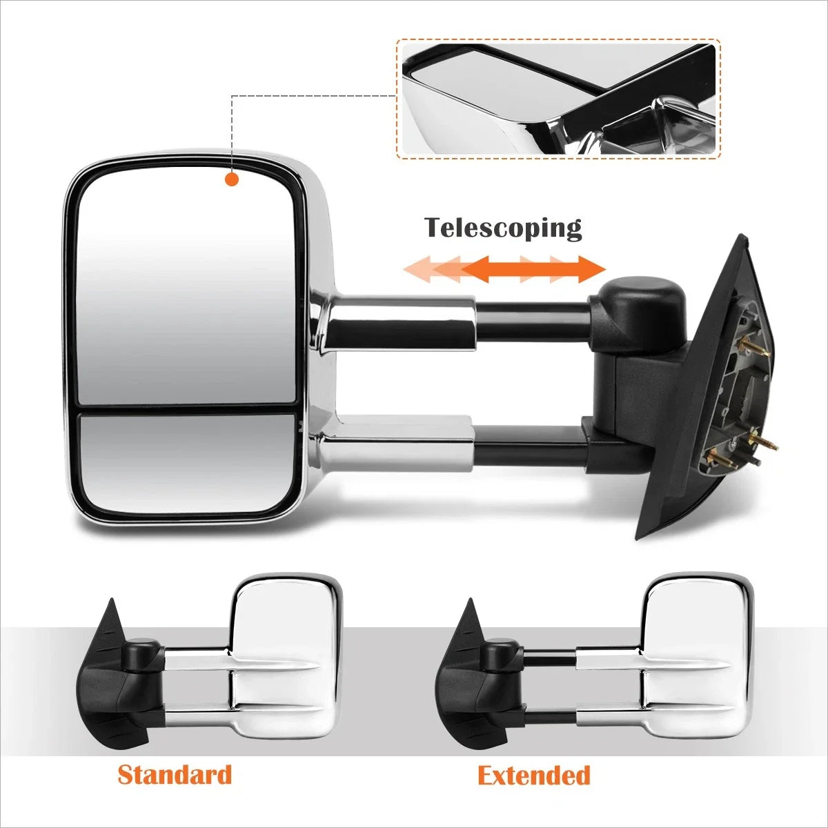 Set of 2 Manual Telescoping Towing Mirrors for Avalanche/Tahoe/Escalade (2007–2013) Chrome