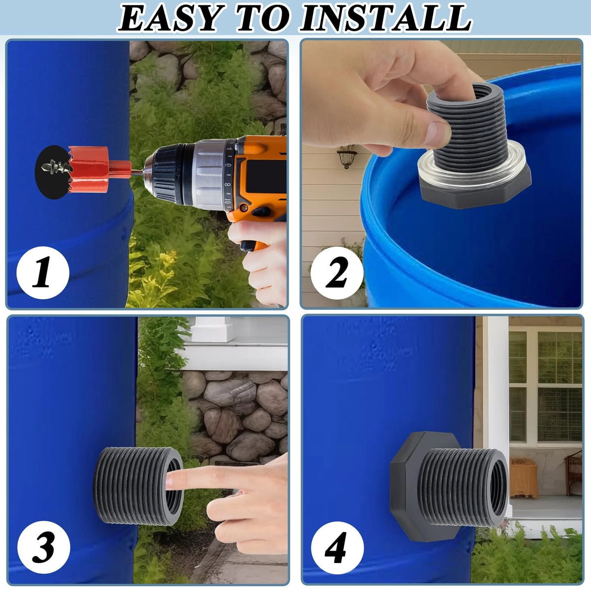 Set of 18 Water Barrel Bulkhead Fittings with Plugs - Black
