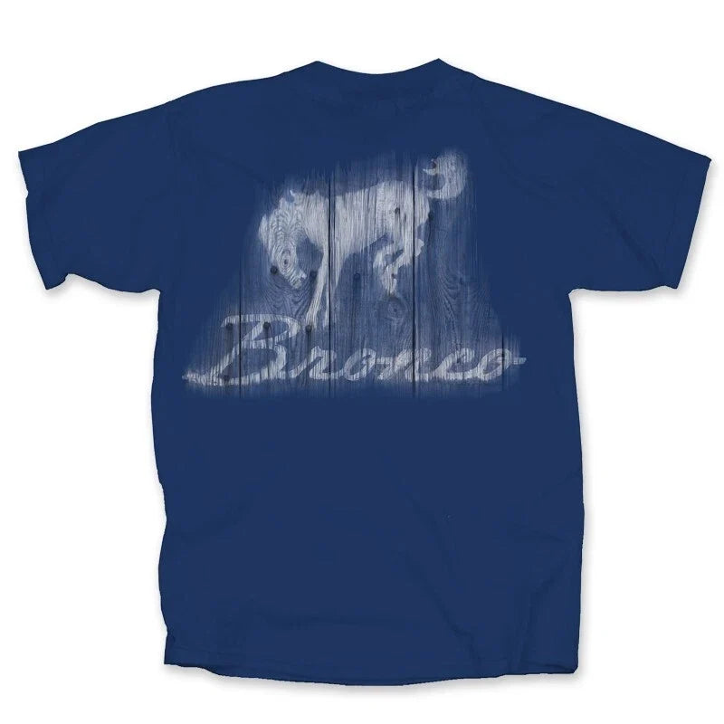 Bronco Navy Blue T-Shirt Distressed Wood Graphic for Ford Bronco (1966–1996)