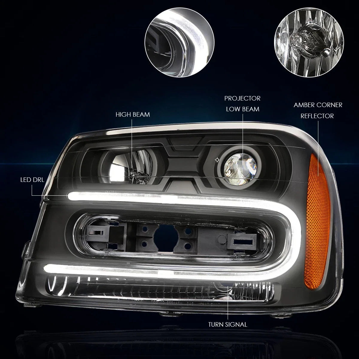 LED DRL Projector Headlight for Chevy Trailblazer (2002–2009) Black Housing