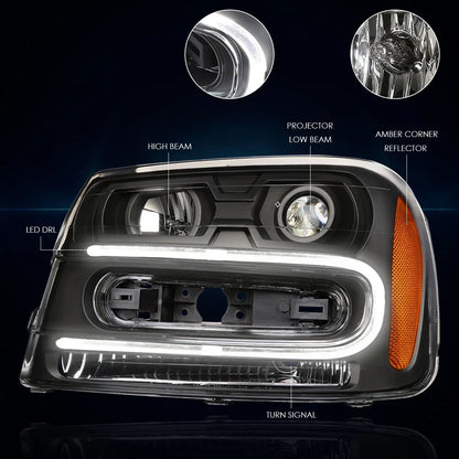 LED DRL Projector Headlight for Chevy Trailblazer (2002–2009) Black Housing