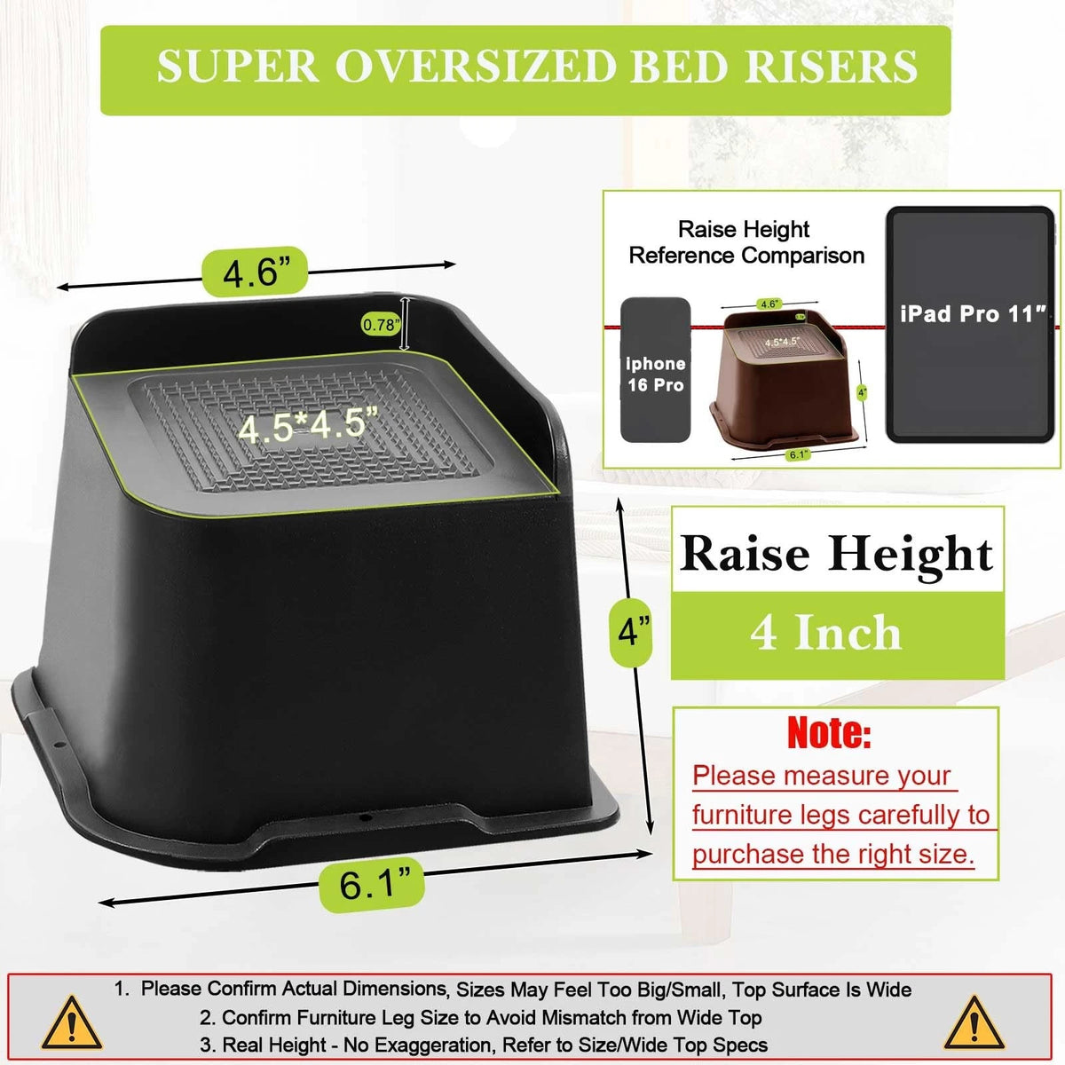 Bed Risers Set of 4 for Universal Use (2 inch, 3 inch, 4 inch, 6 inch, 8 inch)