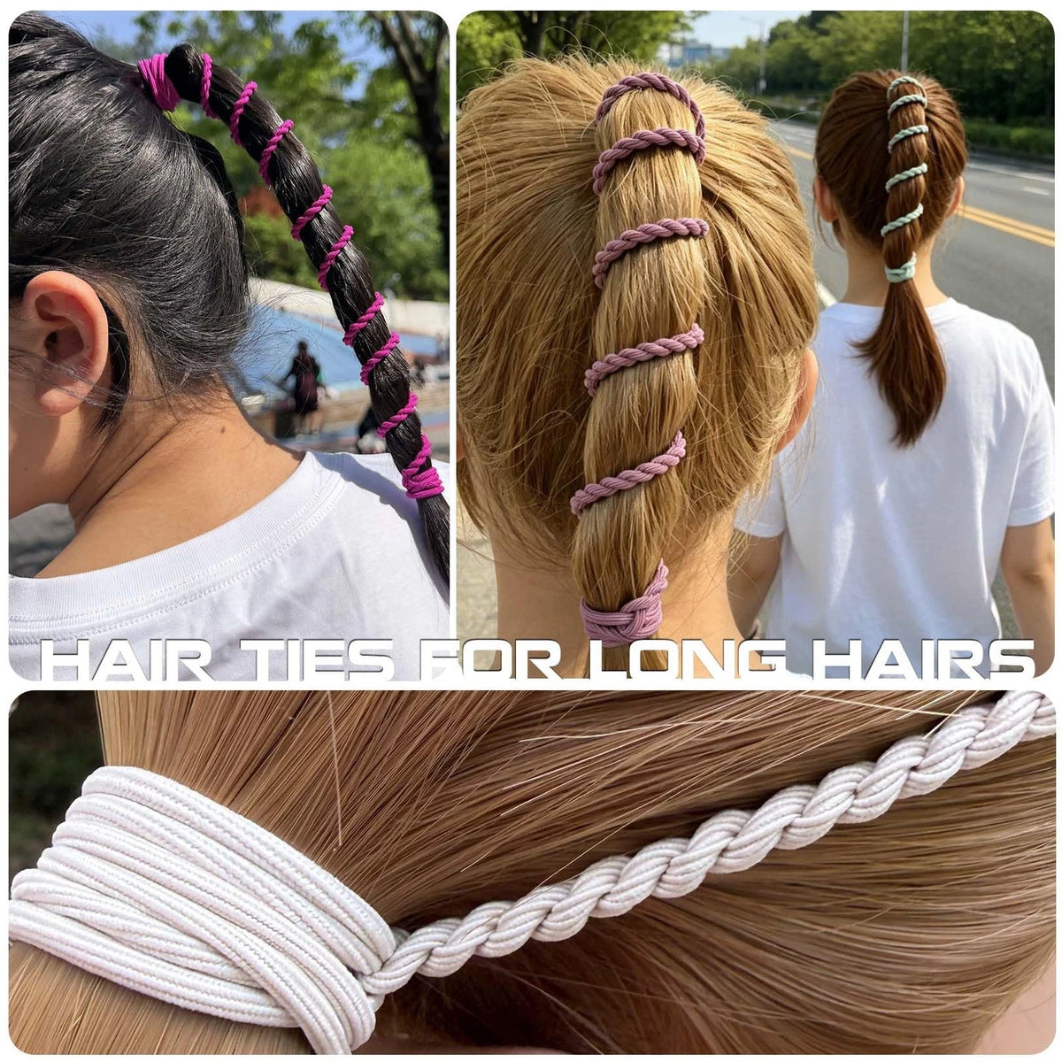 Pack of 4 Hair Ties for Women - Black/Beige/Brown/Purple 16"
