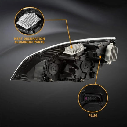 Black Reflective LED Headlamp for Cascadia (2018–Present) AGO01-110048BK RH, A6601405002, A6601405003