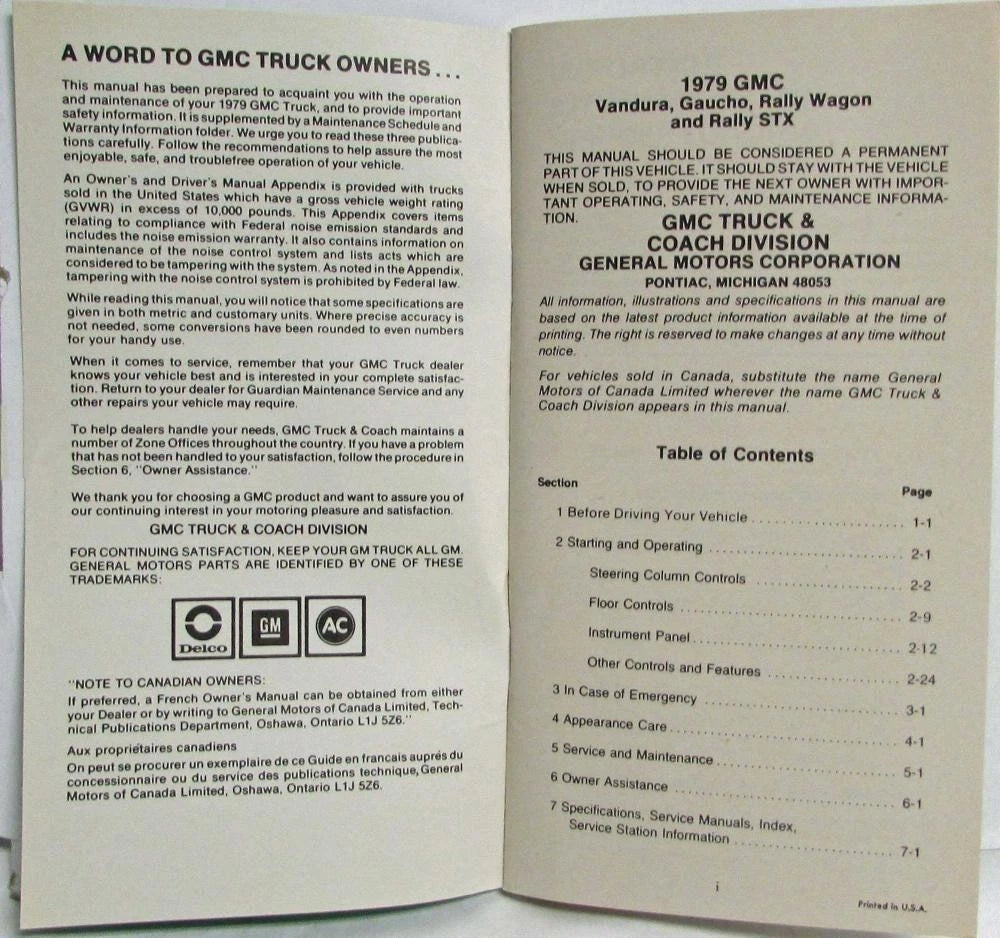 Owners Manual for 1979 GMC Vandura Gaucho Rally Wagon (1979)