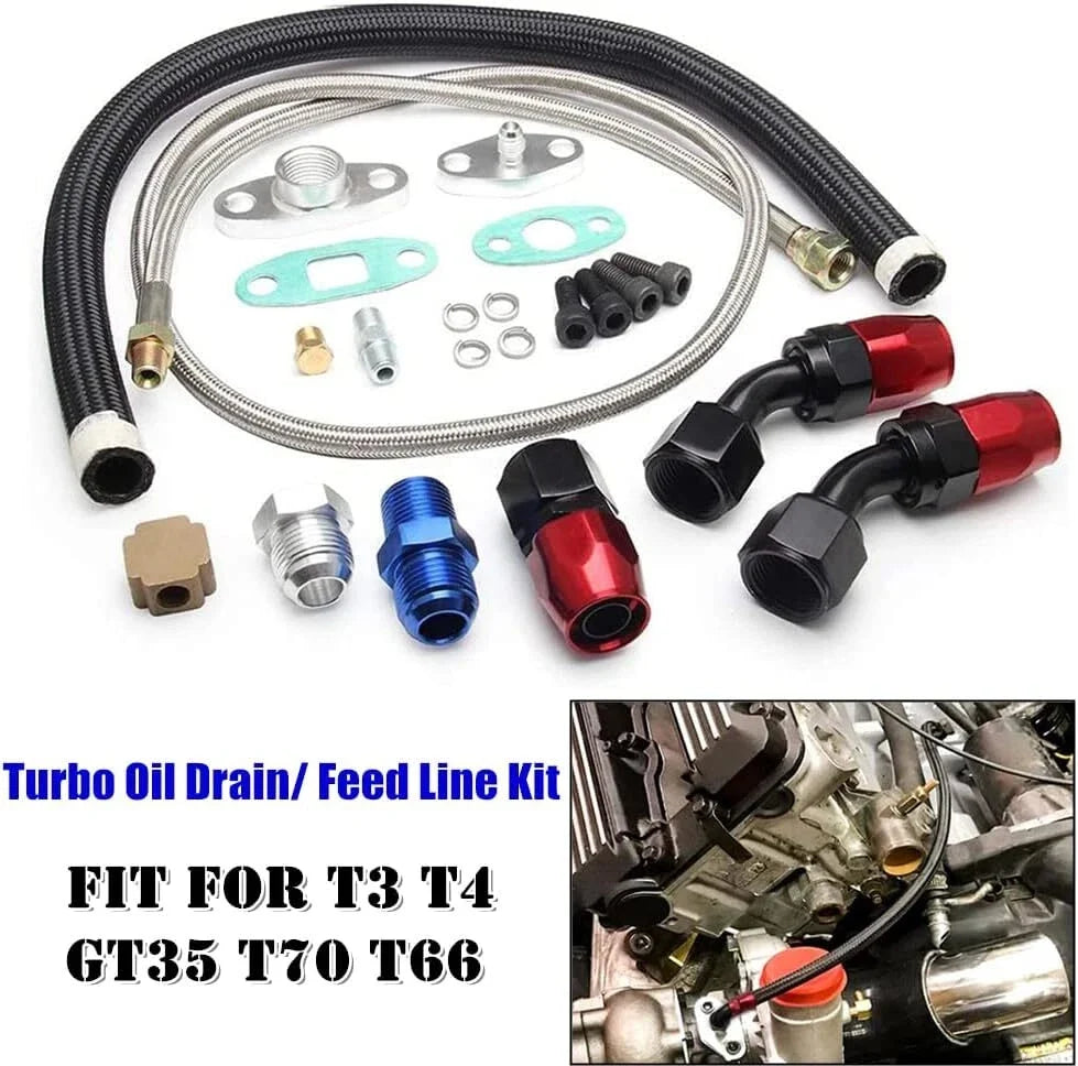 Oil Feed Line + 10AN Oil Drain Return Fitting Kit for Turbo T3 T4 T6 GT45 T04E T66