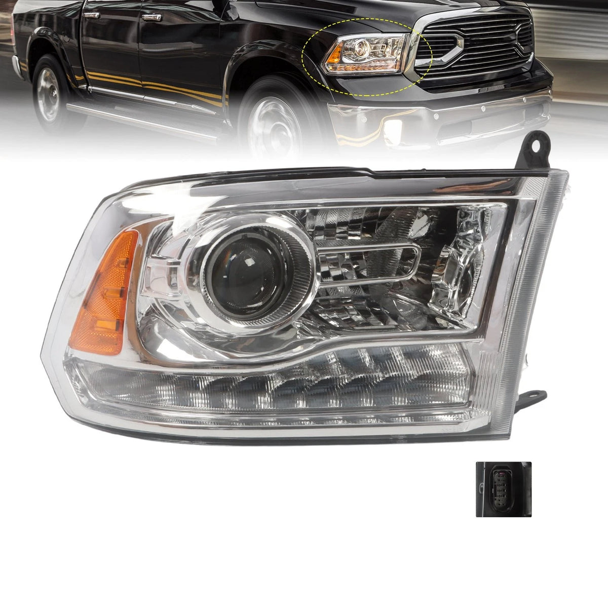 Projector Chrome Headlights w/ LED DRL for Ram 1500/2500/3500 (2013–2015) - CH2503244, 68093216AD, 68324940AD
