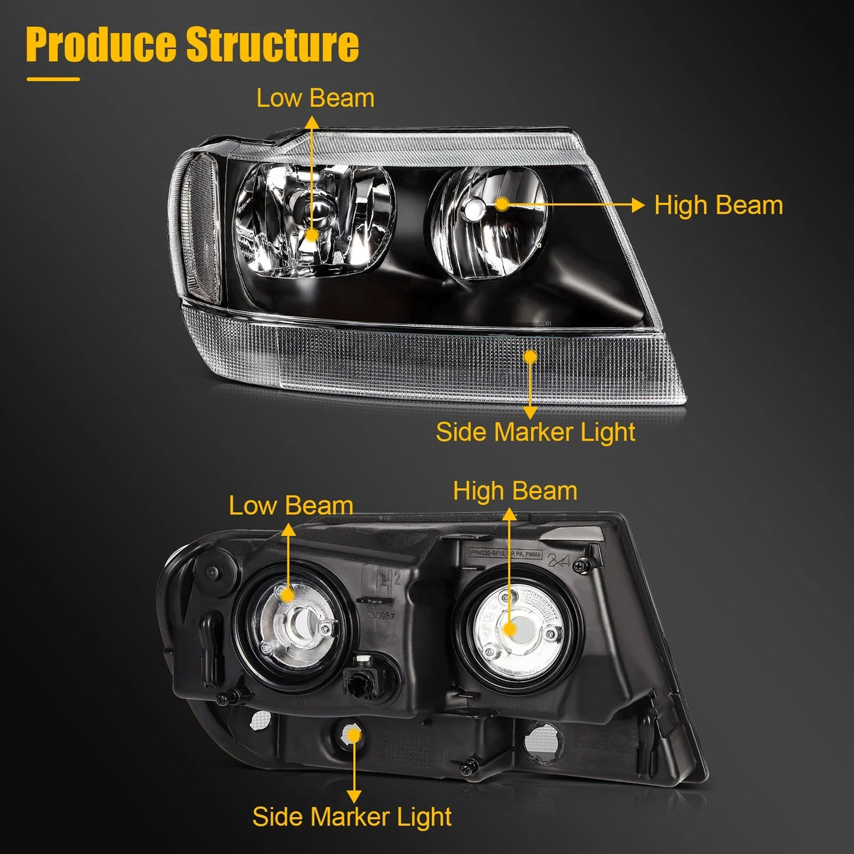 Set of 2 Black Housing Headlight Assemblies for Jeep Grand Cherokee (1999–2004)