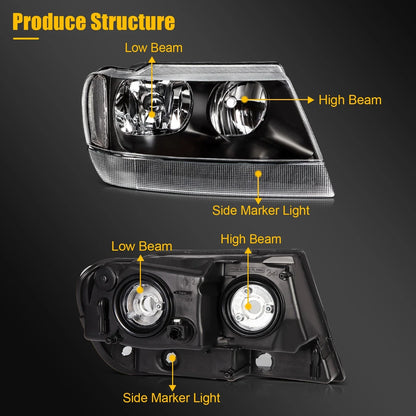 Set of 2 Black Housing Headlight Assemblies for Jeep Grand Cherokee (1999–2004)