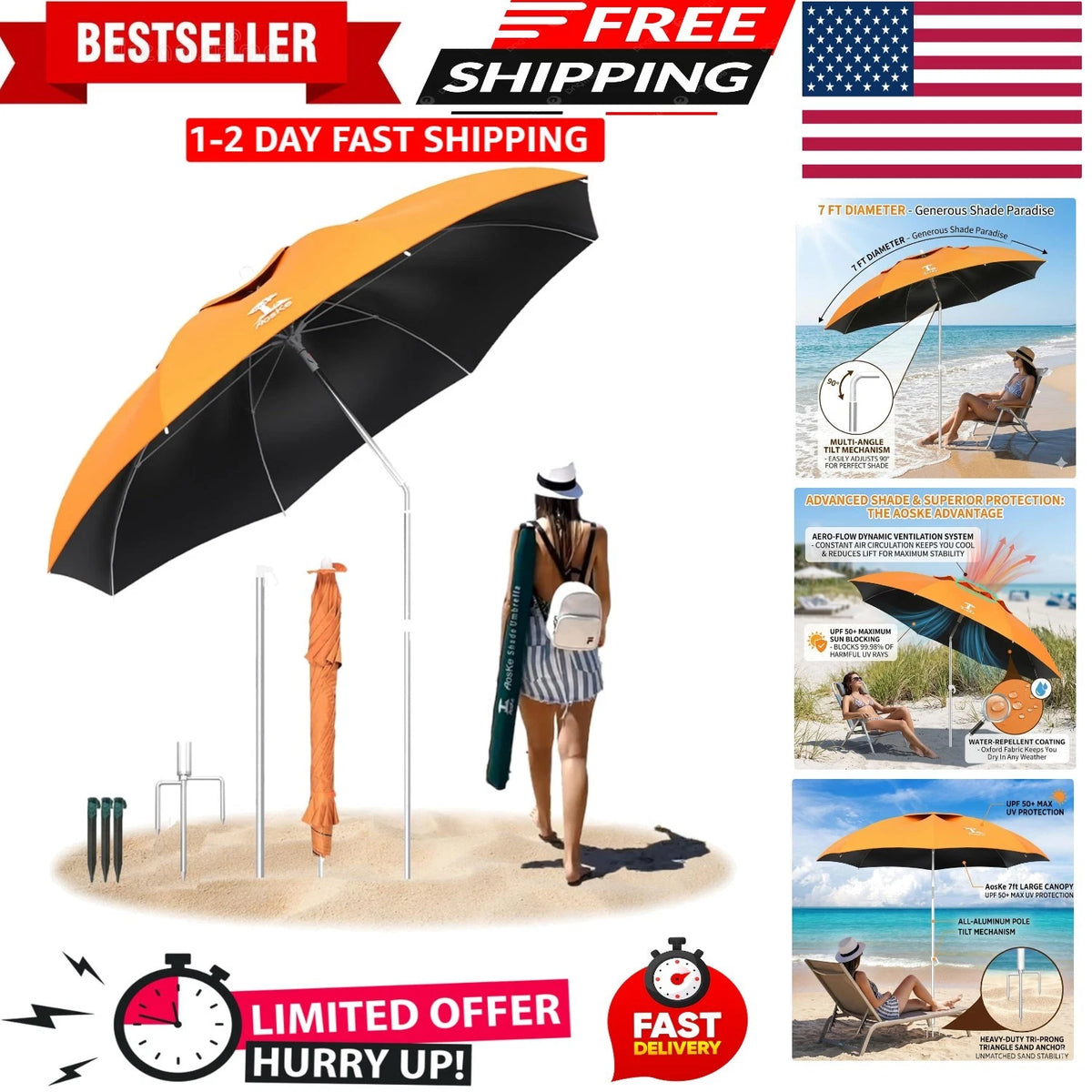 7ft Portable Beach Umbrella with Anchor for Sand