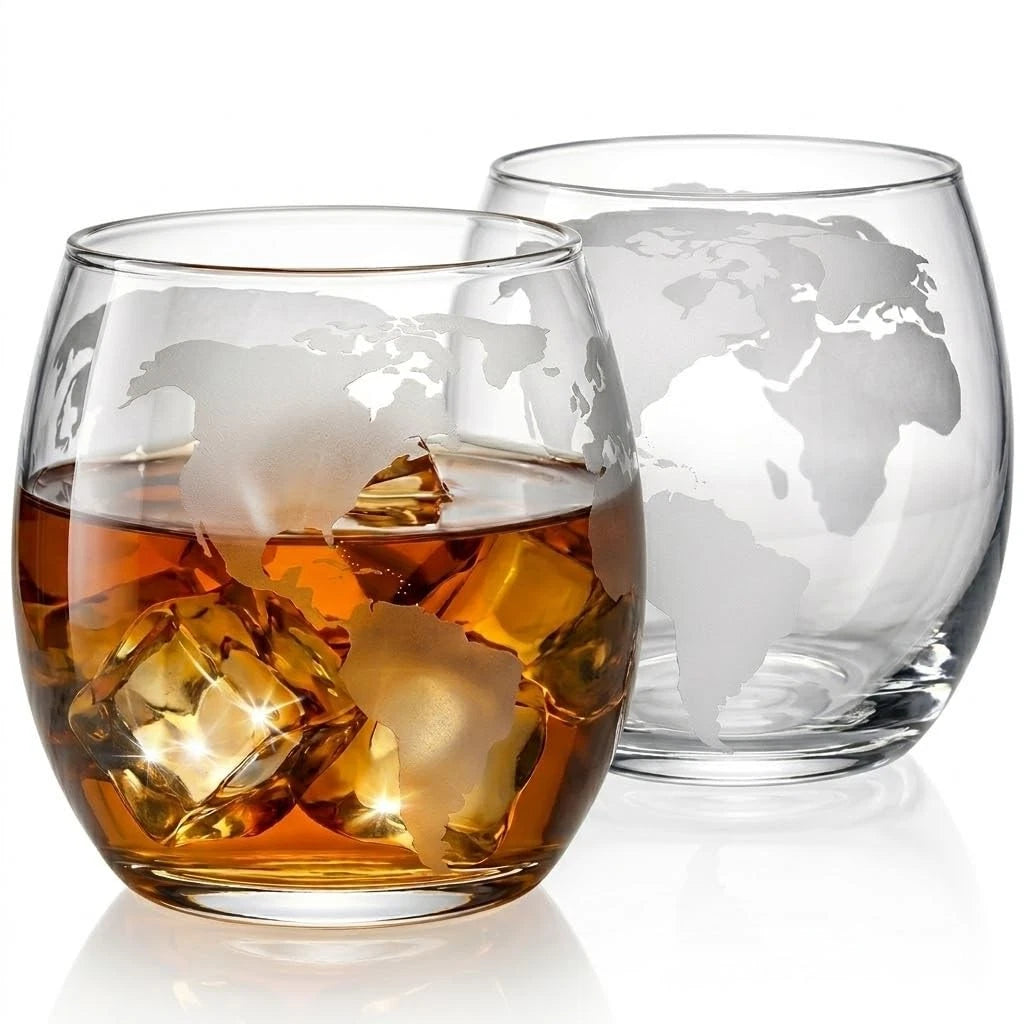 Set of 2 Globe Glass Whiskey Tumblers for Home Bar (No Part Numbers)