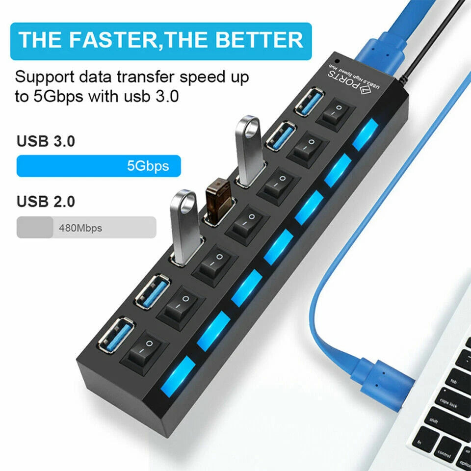 7-Port USB 3.0 Hub with On/Off Switch for PC Laptop