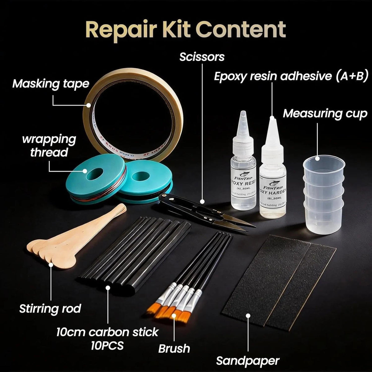 Complete Repair Kit for Fishing Rod (10 Carbon Fiber Sticks)