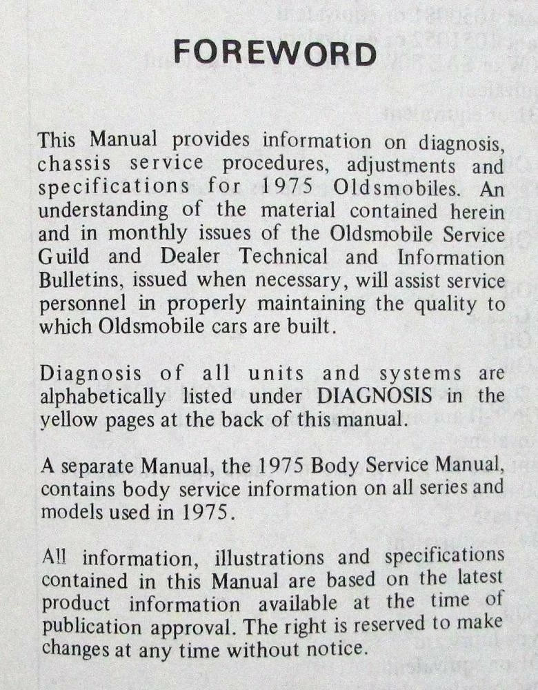 Chassis Service Manual for Oldsmobile Starfire Omega Cutlass 88 98 Toronado (1975)