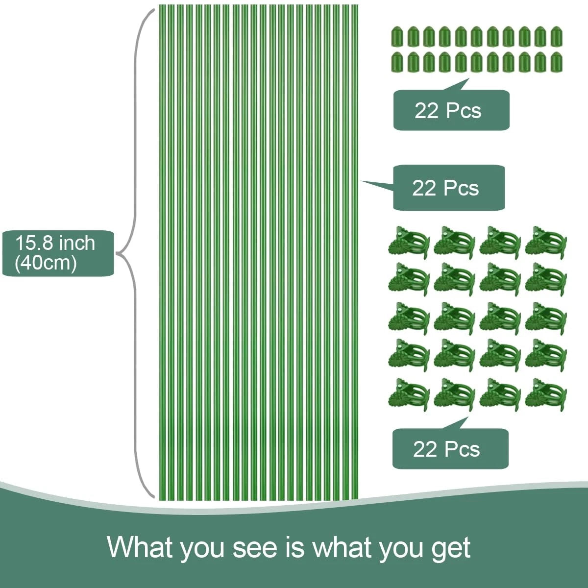 22 Pcs Plant Stakes with Clips, 15.8 Inches Bendable Green