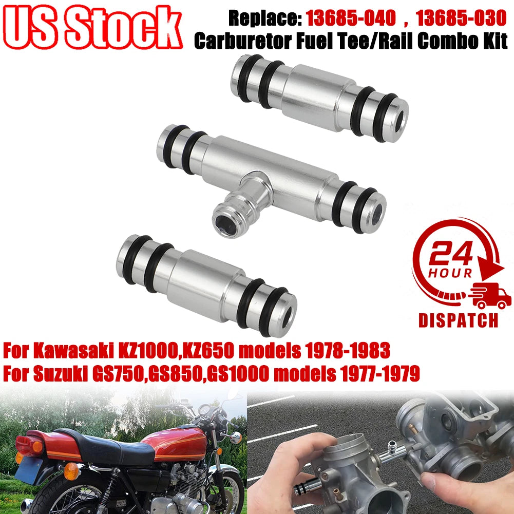 Set of 3 Carburetor Fuel Tee/Rail Combo Kit for Kawasaki KZ1000, KZ650 (1978–1983)