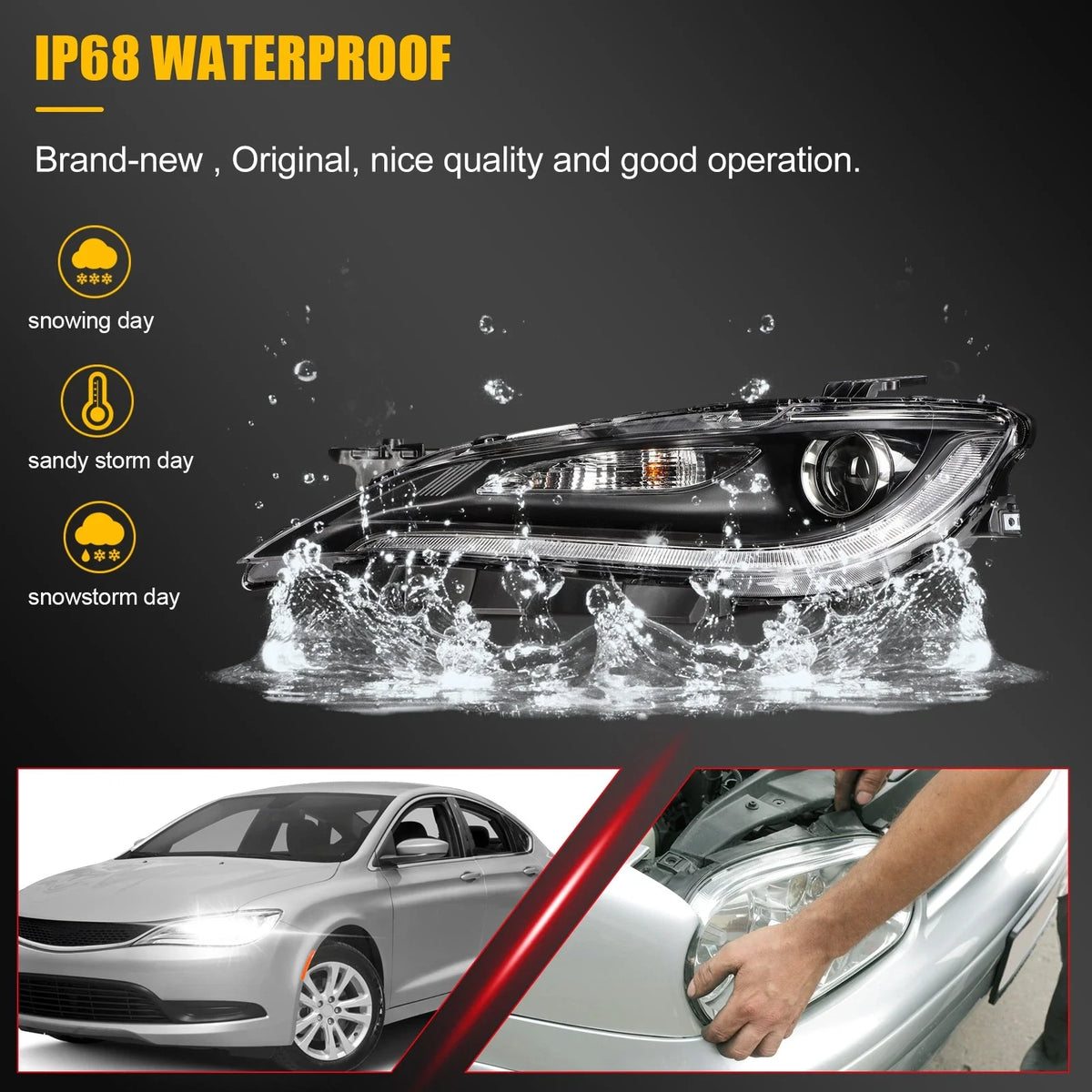 Pair Black Halogen Headlight Assembly with DRL Projector for Chrysler 200 (2015–2017)