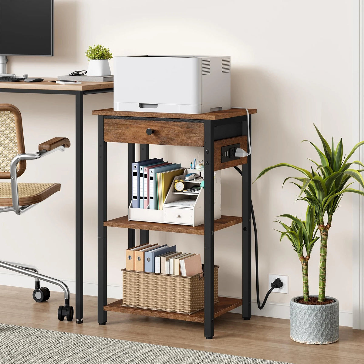 3-Tier Printer Stand with Charging Station for Under Desk Use