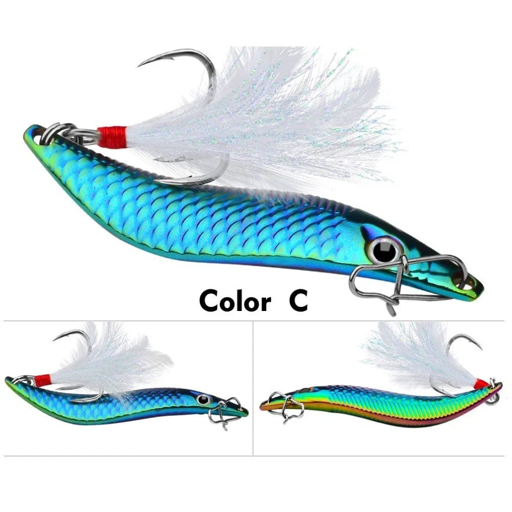 S Shape Metal Fishing Lure with Feather Treble Hook for Bass Pike Perch